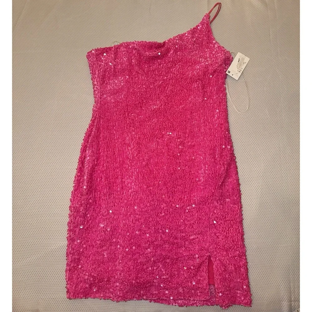 NWT‎ Midnight Doll One Shoulder Sequin Front Slit Bodycon Pink Dress Size L